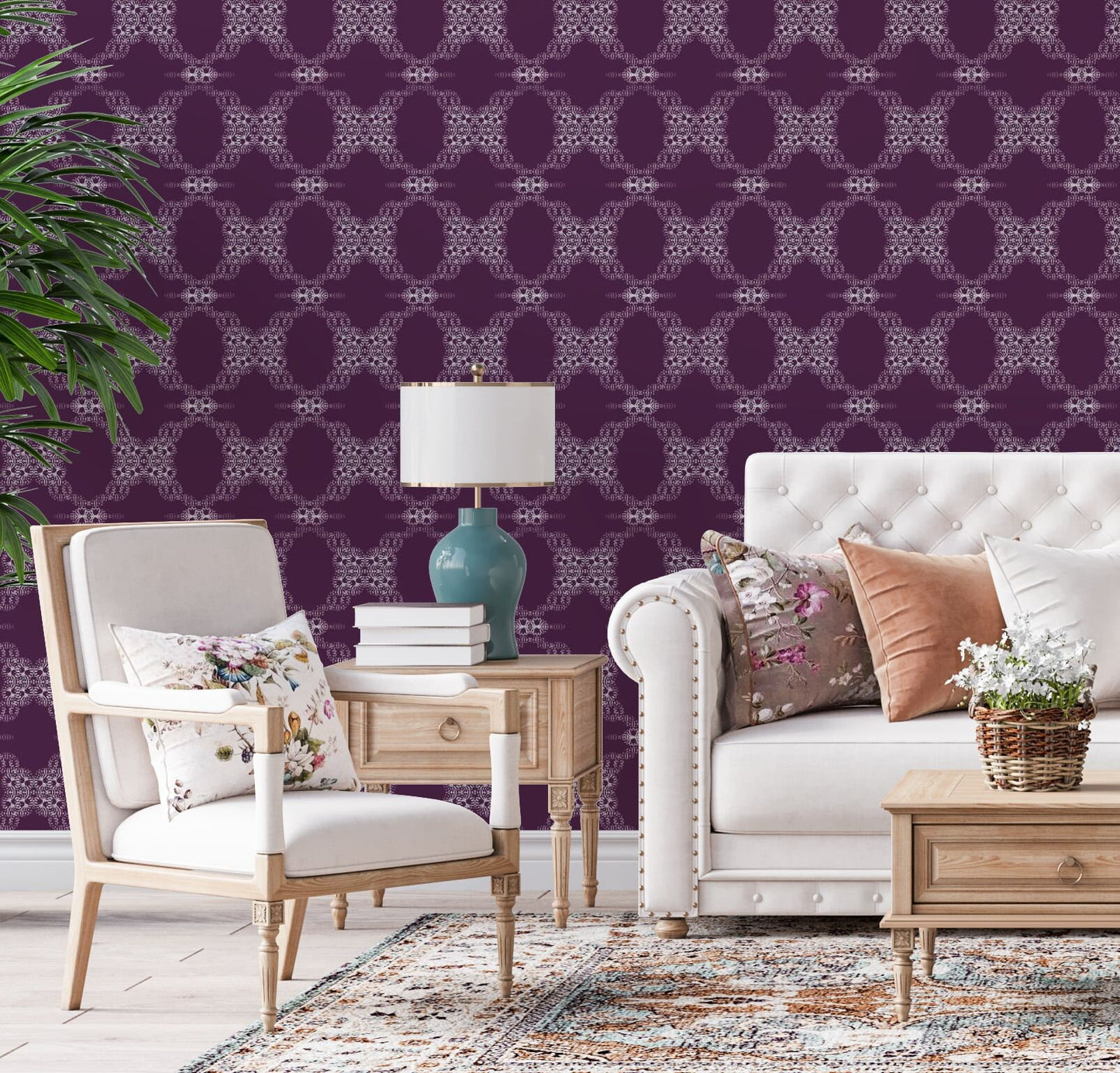 French Cottage in Plum Vinyl Canvas Wallpaper - French Country Ivory, Plum Geometric - Removable Reusable Peel & Stick Wallpaper Panel