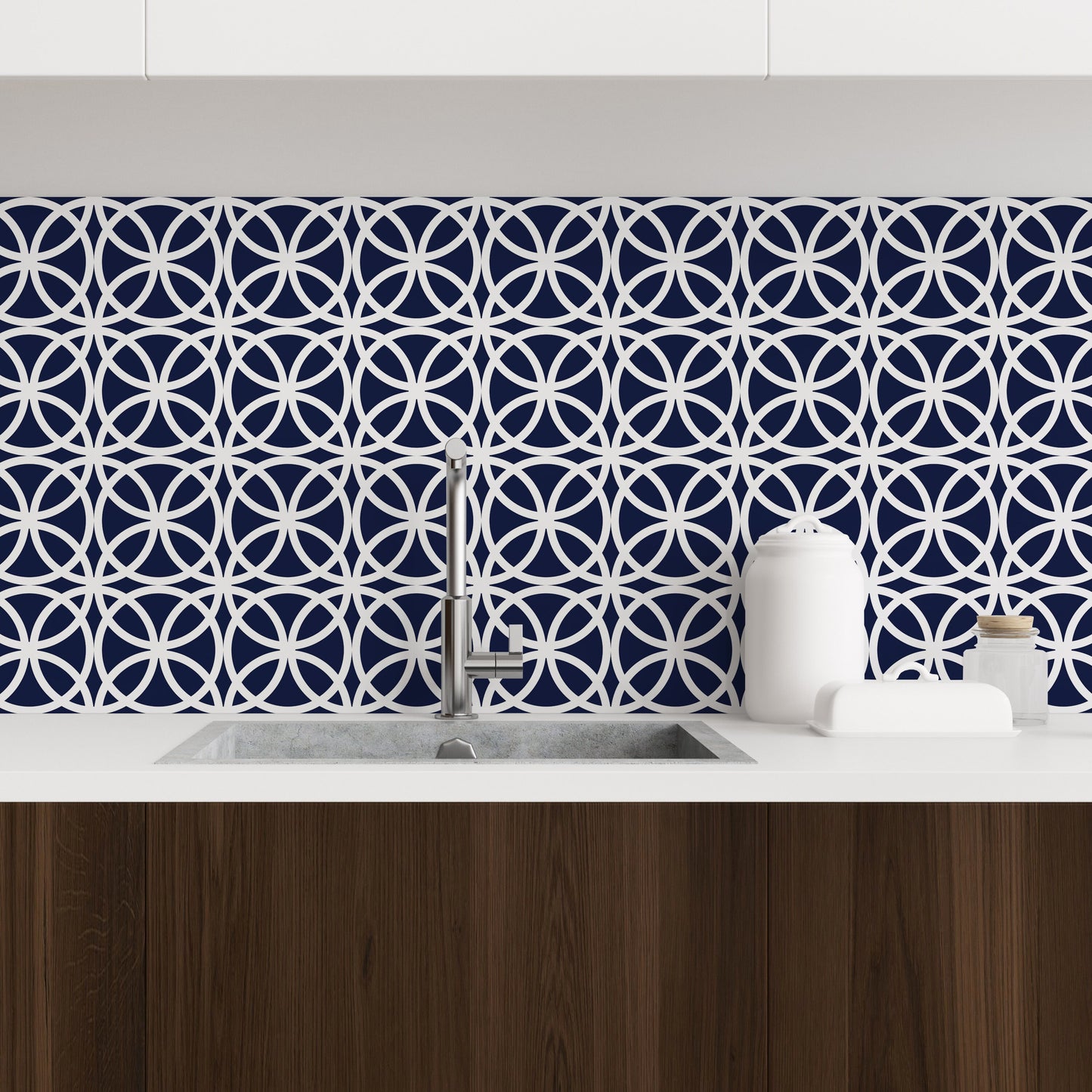 Doilies Vinyl Canvas Wallpaper - Navy Geometric Modern Coastal - Removable Water-Resistant Peel & Stick Wallpaper Panel