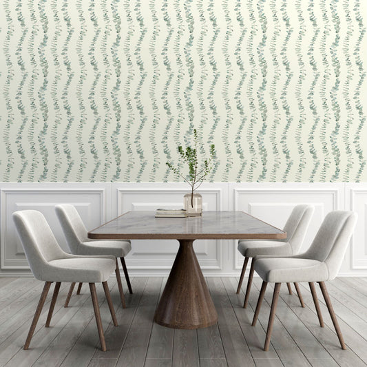 Eucalyptus Country Farmhouse Peel and Stick Wallpaper - Green Striped Botanical - Water-Resistant Embossed Vinyl Canvas