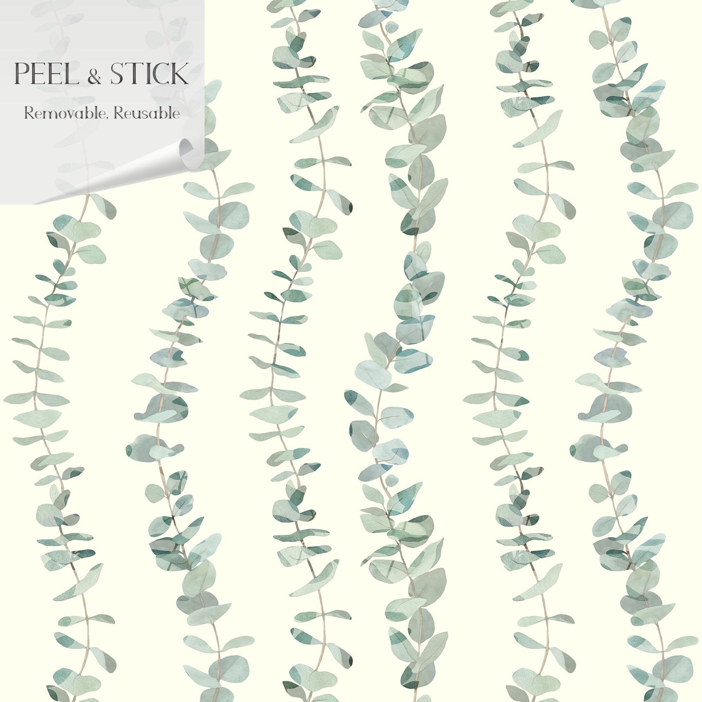 Eucalyptus Country Farmhouse Peel and Stick Wallpaper - Green Striped Botanical - Water-Resistant Embossed Vinyl Canvas