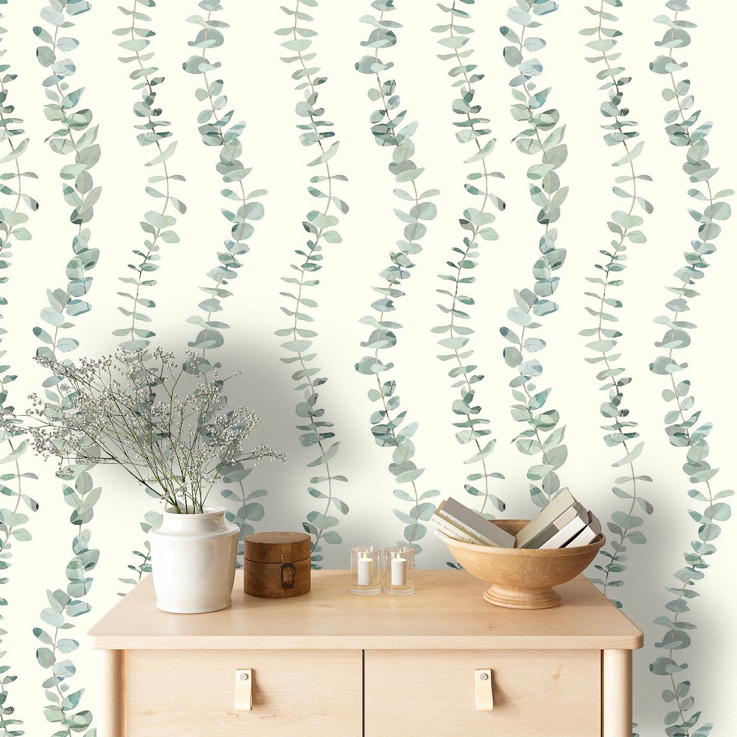 Eucalyptus Country Farmhouse Peel and Stick Wallpaper - Green Striped Botanical - Water-Resistant Embossed Vinyl Canvas