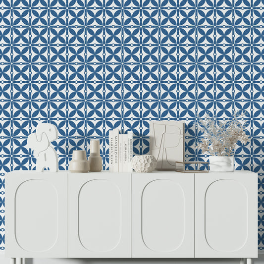 Bellagio Modern Farmhouse Peel and Stick Wallpaper - Blue Mosaic - Water-Resistant Embossed Vinyl Canvas