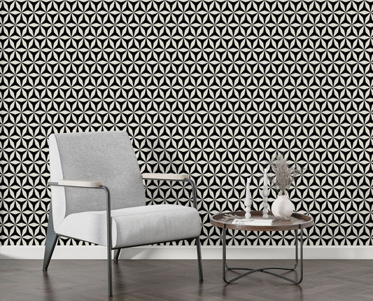 Origami 3D Mid-Century Peel and Stick Wallpaper - Black & White Geometric - Water-Resistant Embossed Vinyl Canvas