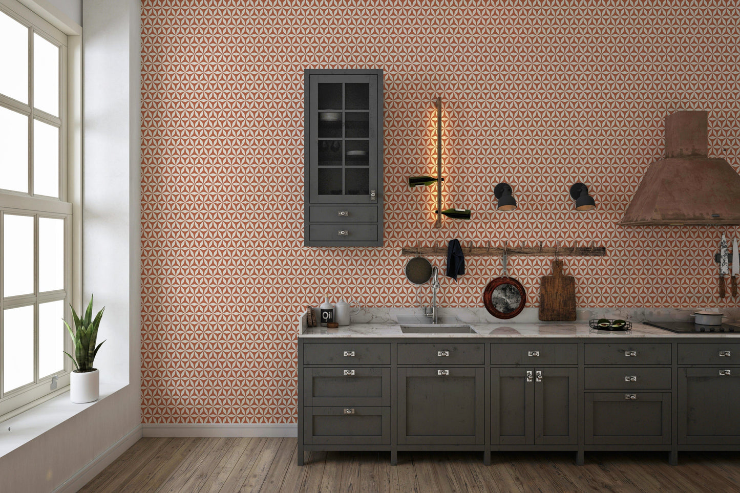 Origami 3D Mid-Century Peel and Stick Wallpaper - Terracotta Orange & White Geometric - Water-Resistant Embossed Vinyl Canvas