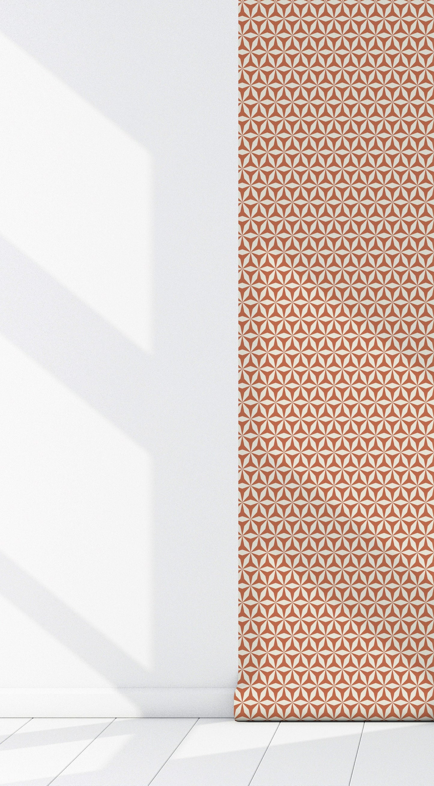 Origami 3D Mid-Century Peel and Stick Wallpaper - Terracotta Orange & White Geometric - Water-Resistant Embossed Vinyl Canvas