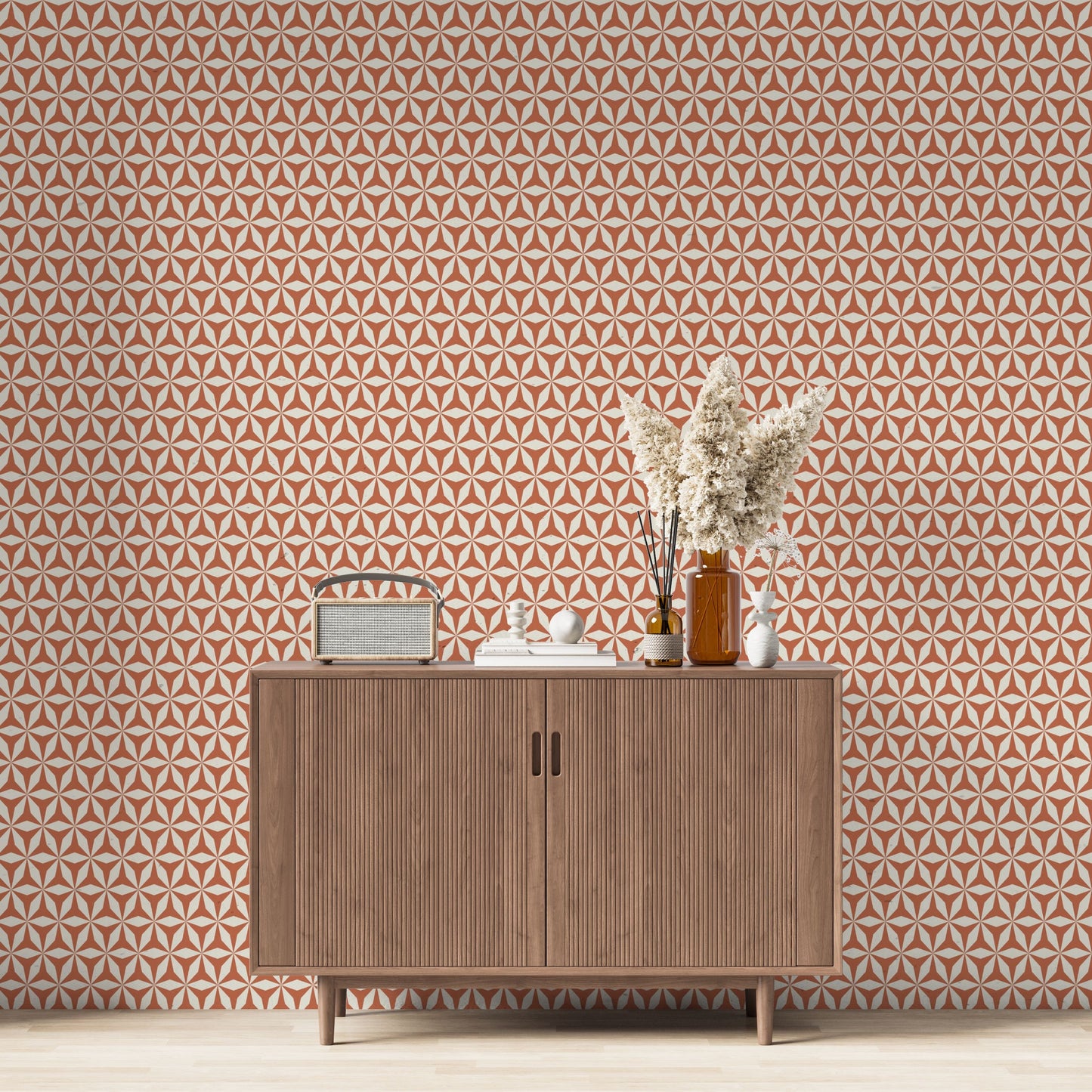 Origami 3D Mid-Century Peel and Stick Wallpaper - Terracotta Orange & White Geometric - Water-Resistant Embossed Vinyl Canvas