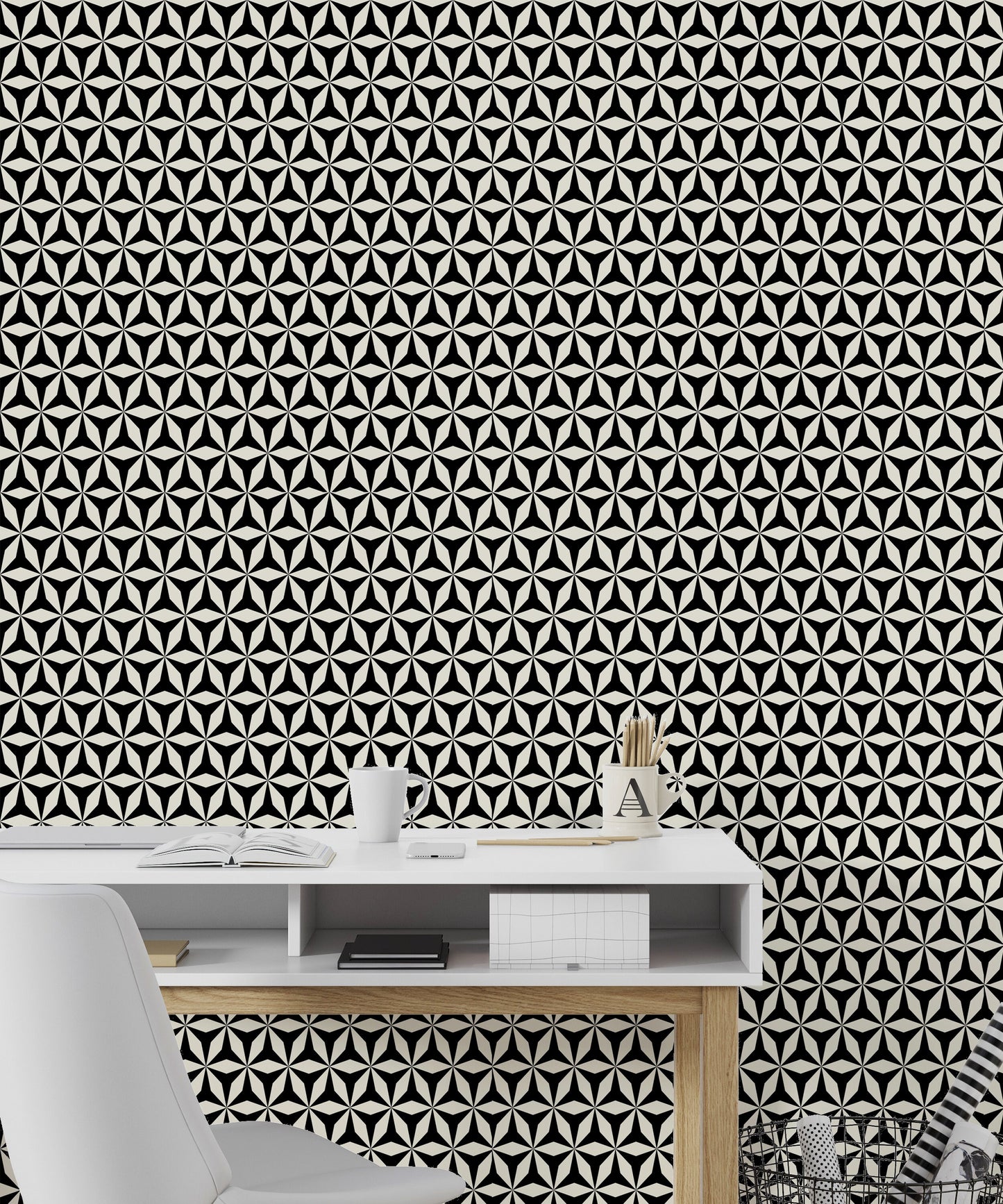 Origami 3D Mid-Century Peel and Stick Wallpaper - Black & White Geometric - Water-Resistant Embossed Vinyl Canvas